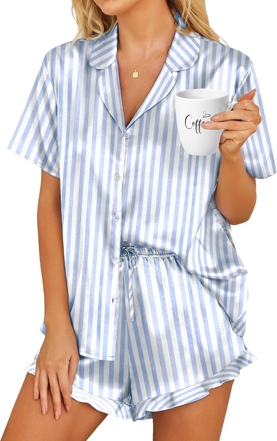 Detalle de Hotouch Satin Pajamas Set for Women (2-Piece Button-Down Shorts)