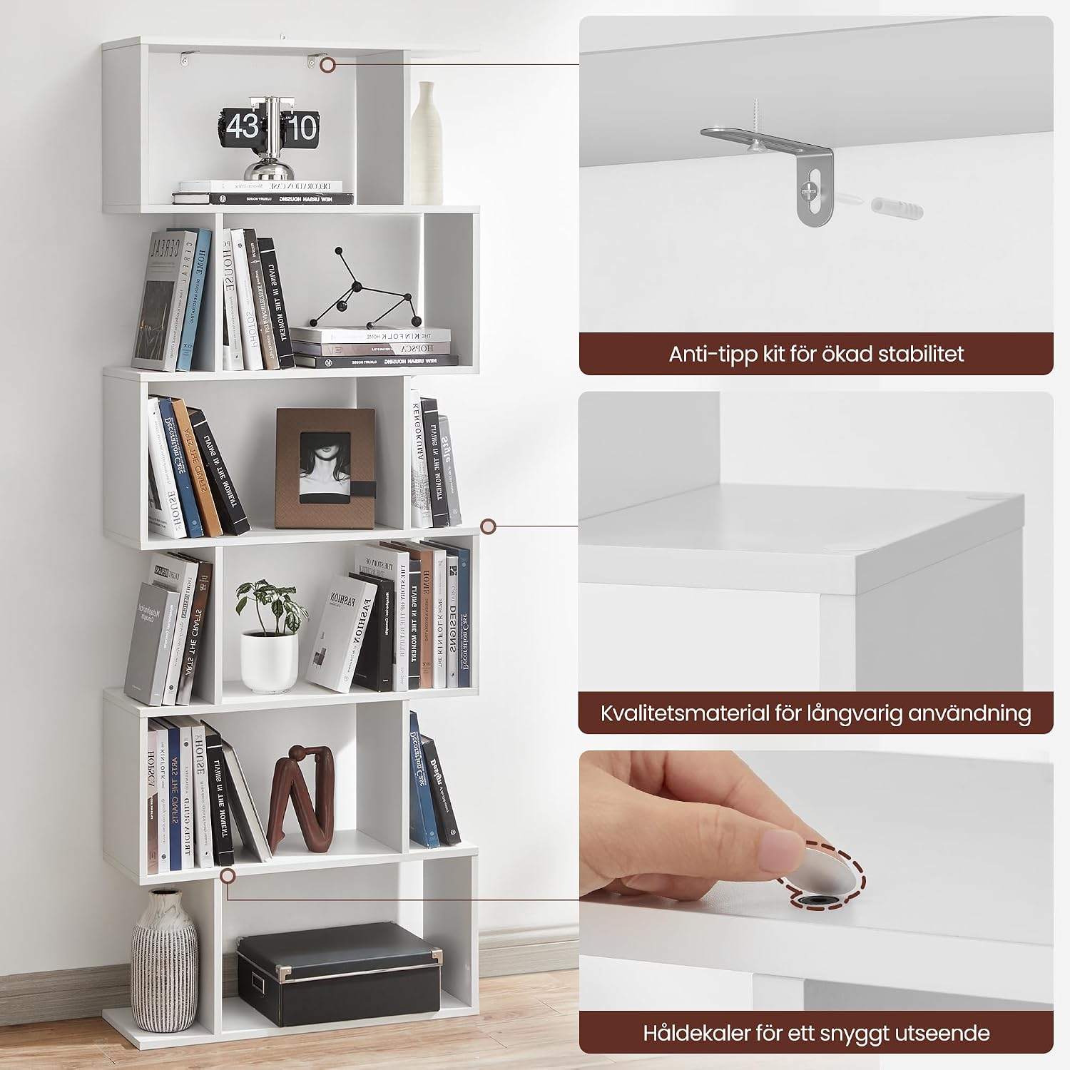 Detalle de VASAGLE LBC61WT bokhylla med 6 hyllplan, S-formad, vit, 24 × 70 × 190,5 cm