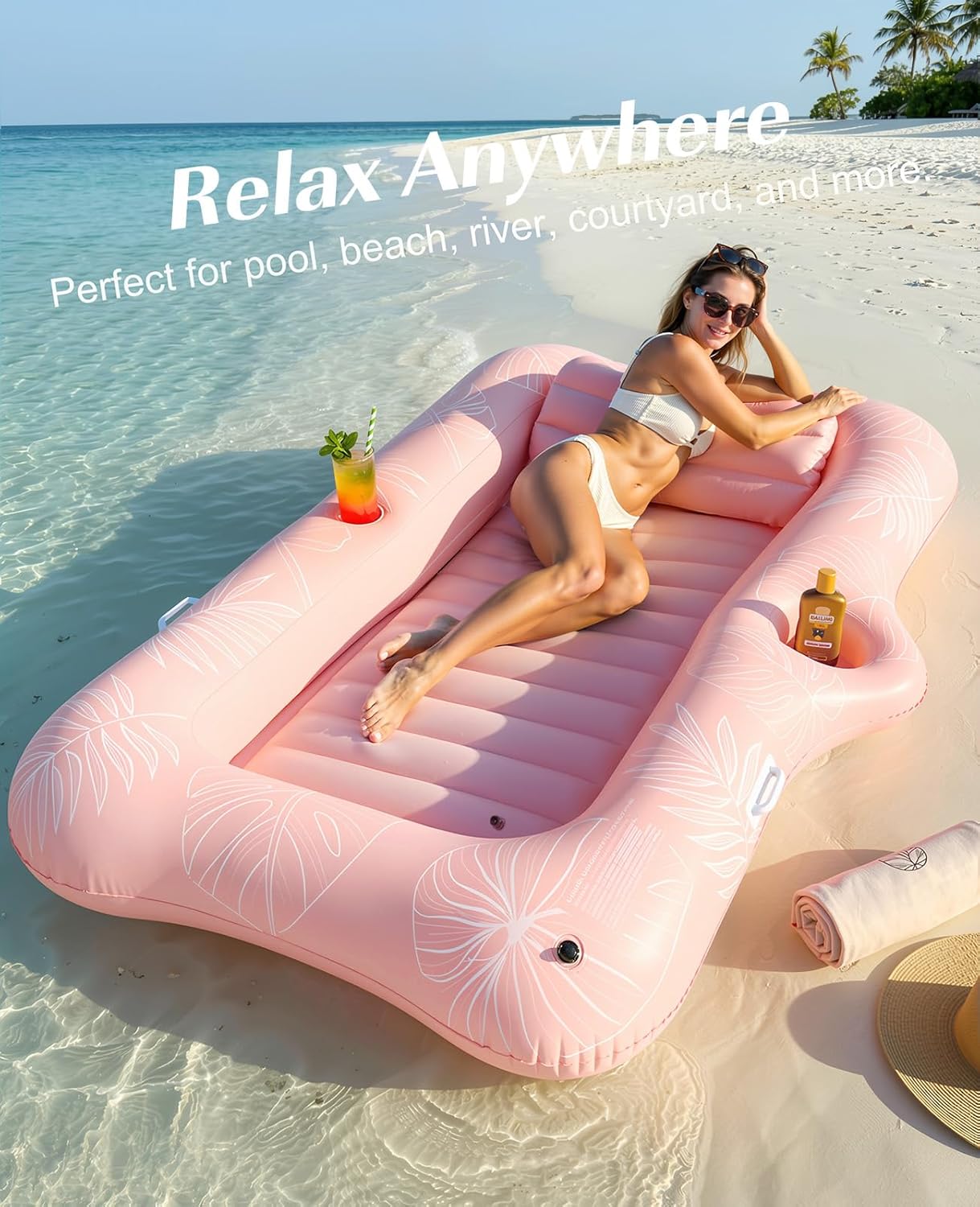 Detalle de HeySplash Inflatable Pool Floats: Large Tanning Lounge with Headrest, Cup Holder and Ice Bucket