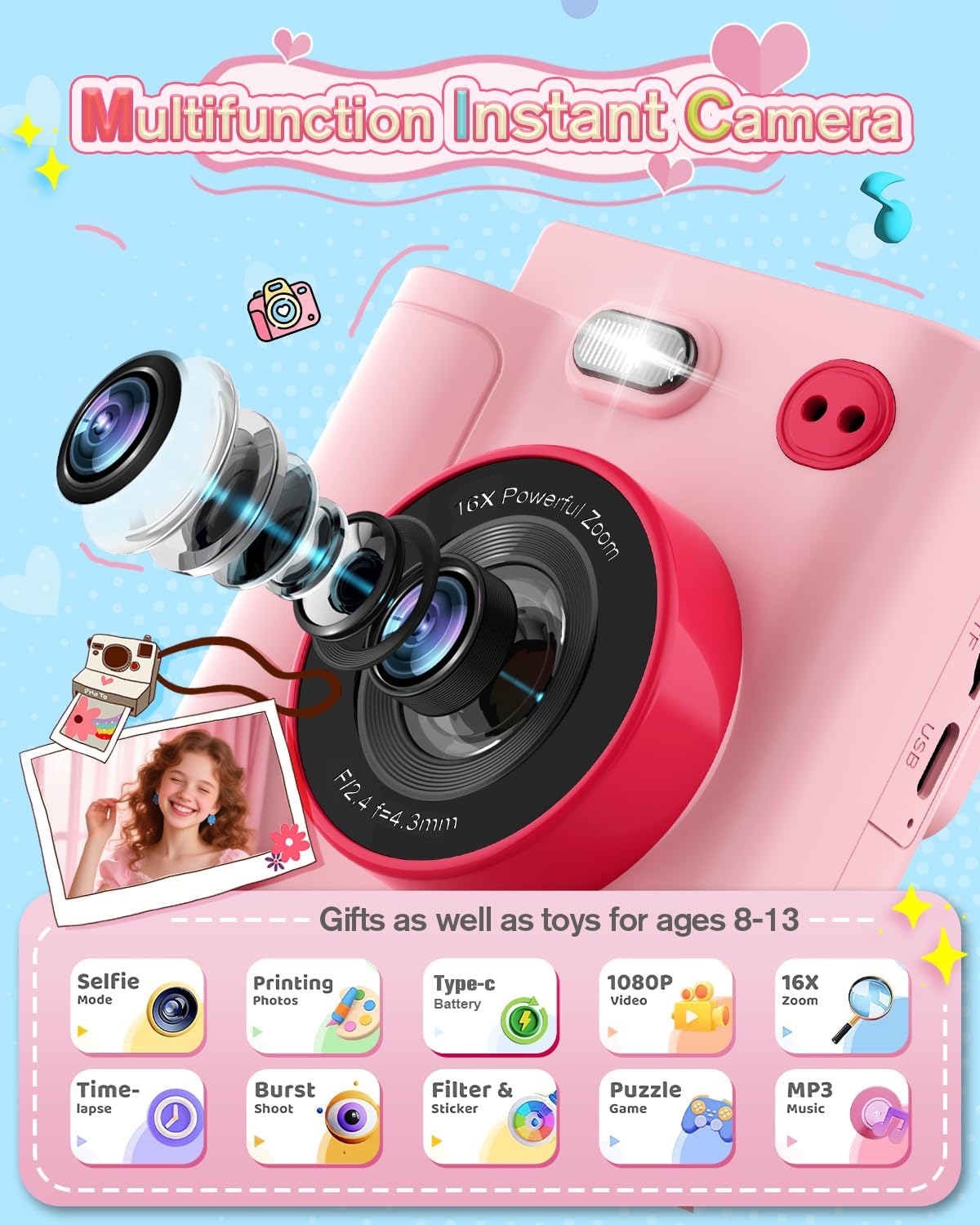 Thumbnail 1 de MYSTILUCK Appareil photo instantané pour enfants 1080P avec carte 32 Go et papier d’impression