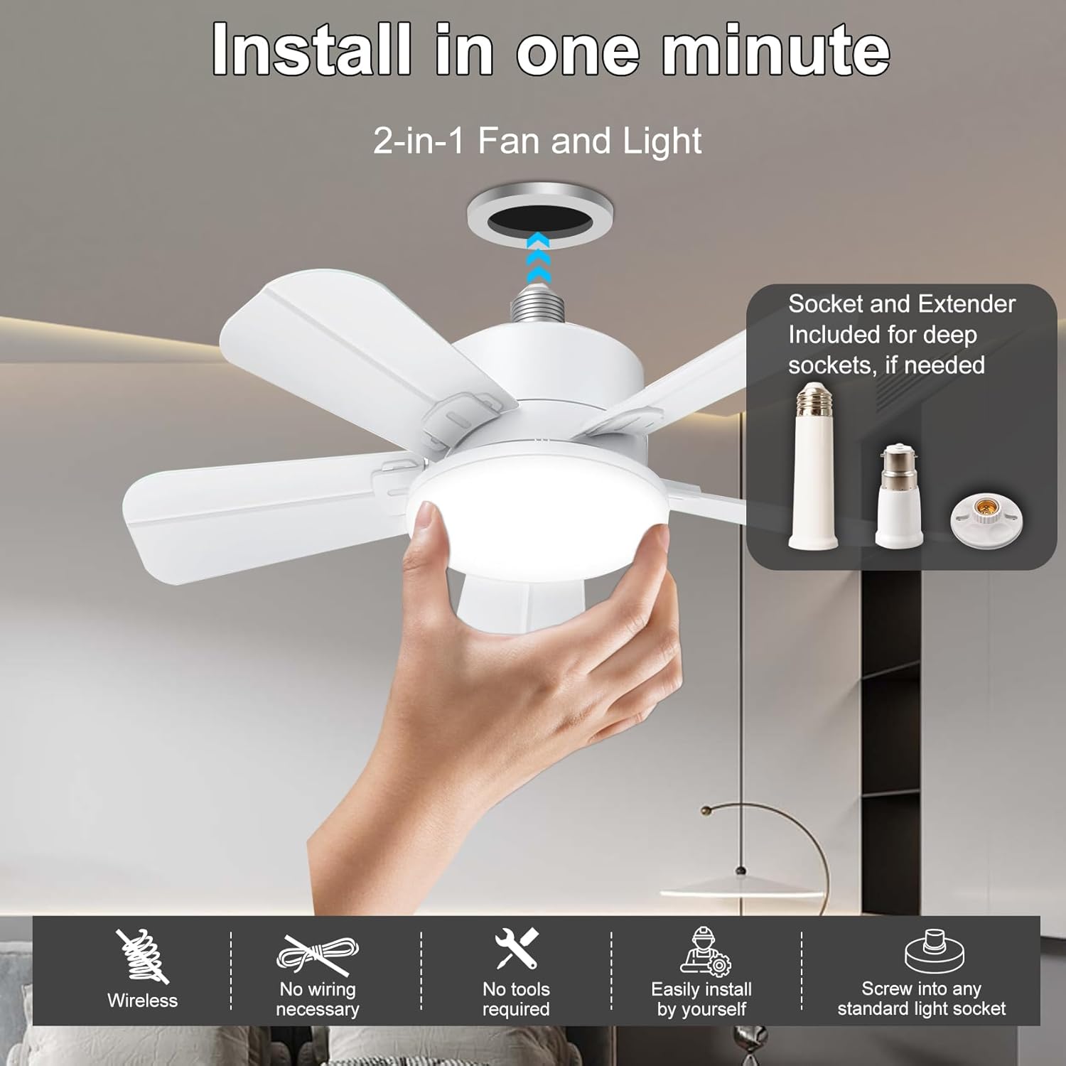 Thumbnail 4 de Ceiling Fan with Lights and Remote (E27/B22) – 2000LM 3CCT Dimmable LED, 6-Speed Reversible