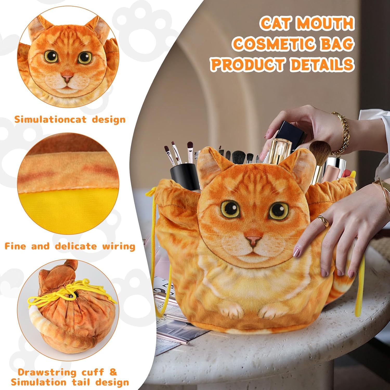 Detalle 2 de Openhahaha toilettas met trekkoord, polyester en oranje kattenmotief