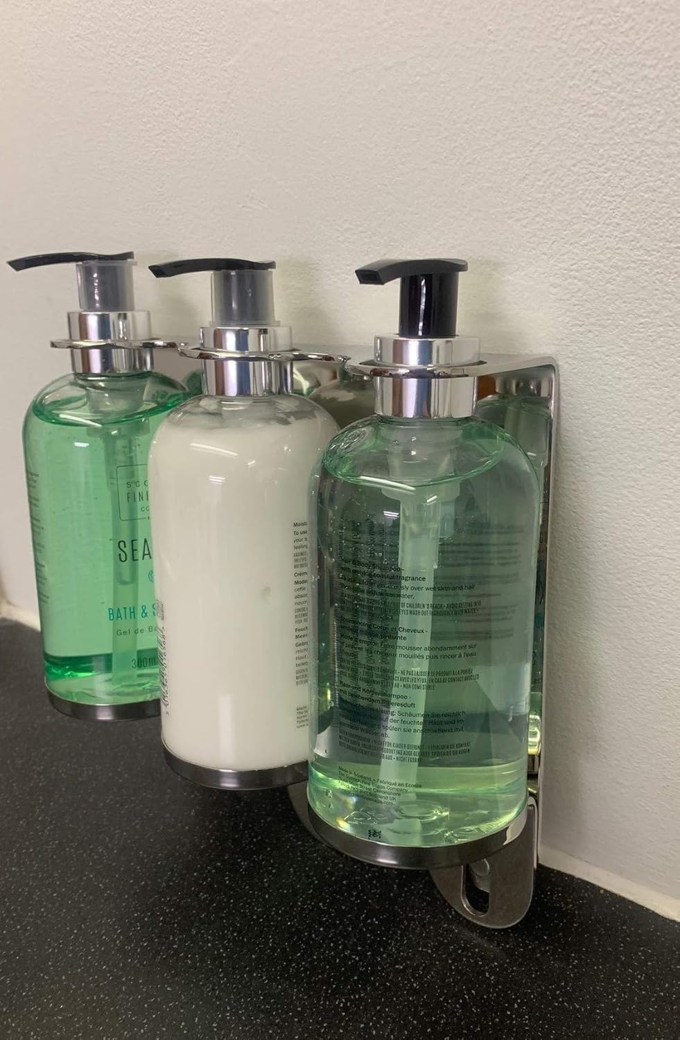 Detalle de Wall Mount 300ml Triple Dispenser Chrome Holder for Sea Kelp Bottles