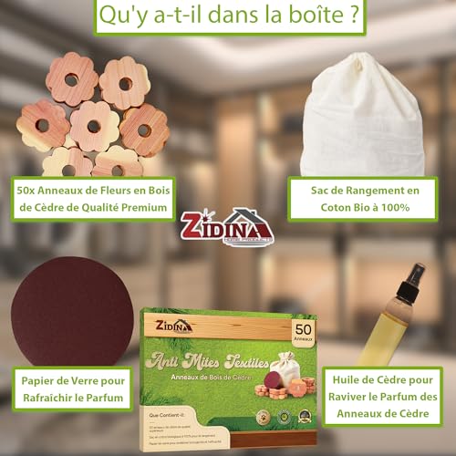 Detalle de Zidina Anti Mites Textiles – Pack de 50 Anneaux pour Vêtements avec Mini Bouteille d'Huile de Bois de Cèdre (4,5 ml)