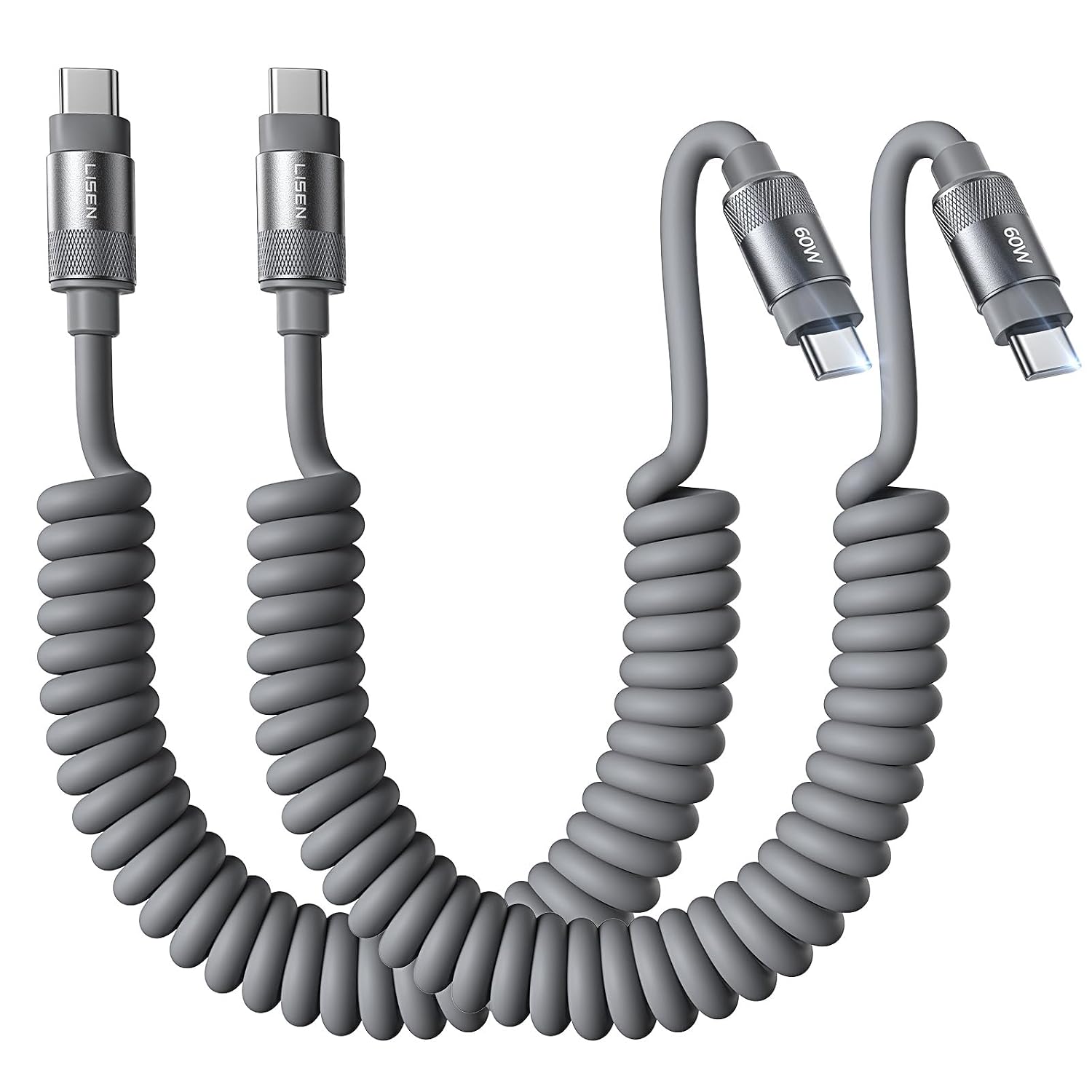 Detalle de LISEN Coiled USB-C Cable, Short Neat 2 Pack: 60W USB-C to USB-C Fast Charging for CarPlay & Android Auto