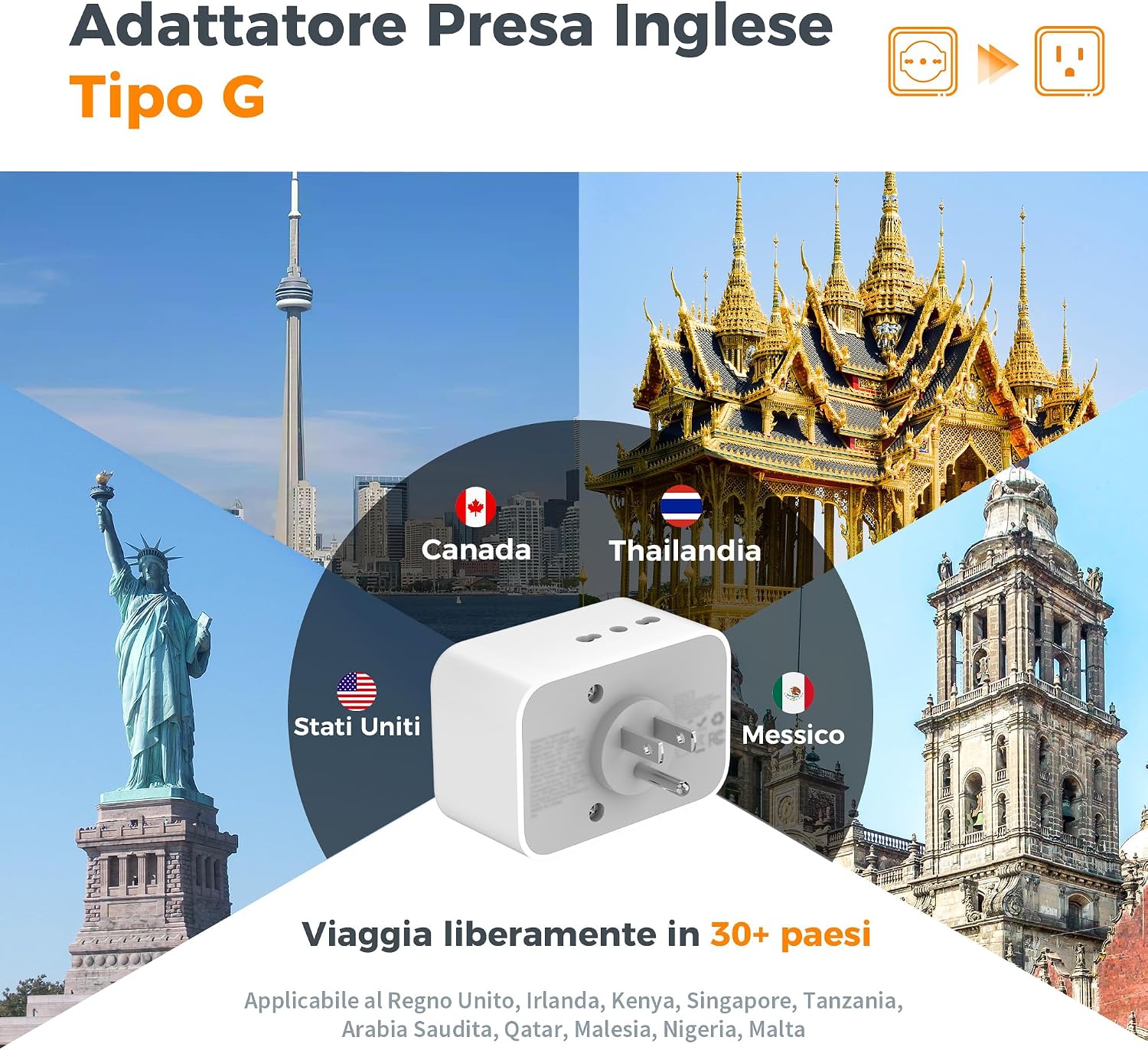 Thumbnail 1 de Adattatore Presa Americana Italiana 5 in 1 in Pack da 2 — USB-C e USB-A, 1875 W, uso internazionale