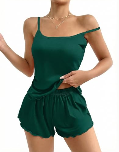 Detalle de Ekouaer Pyjama Femme 2 Pièces Été Vert – Encolure en U et bretelles fines, confort léger