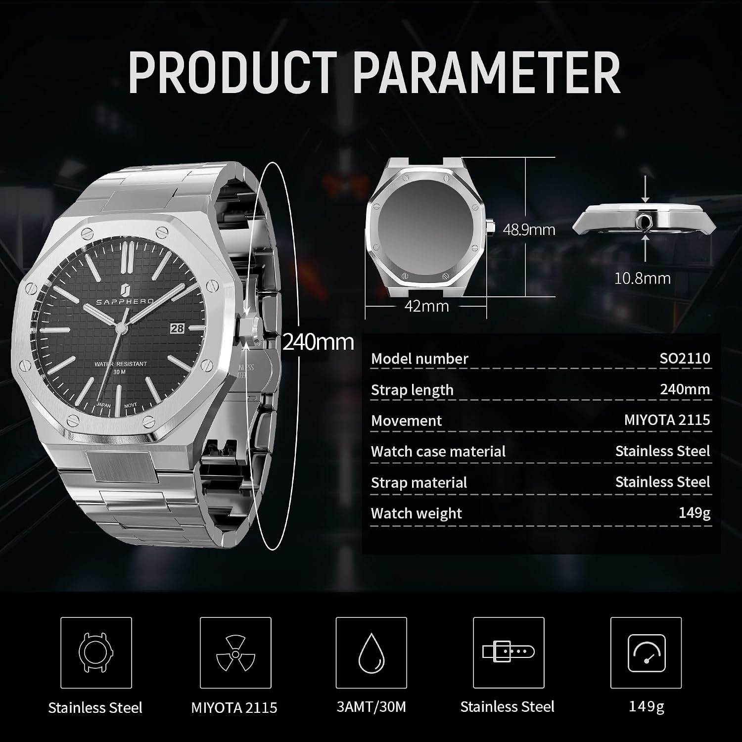 Detalle de SAPPHERO Montre Homme octogonale 10ATM en acier inoxydable à mouvement quartz japonais