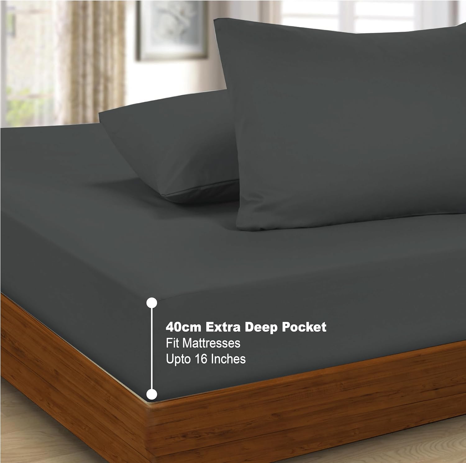Detalle 2 de Funky Gadgets King Size Fitted Sheet with Extra Deep Pocket (40cm) in Charcoal/Dark Grey – 152 x 200cm