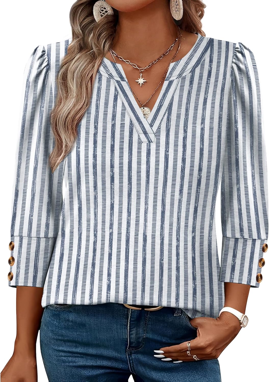Thumbnail 1 de WIHOLL 3/4 Sleeve Women’s Top with Button Cuffs: Dressy Casual V-Neck Shirt for Spring to Early Fall