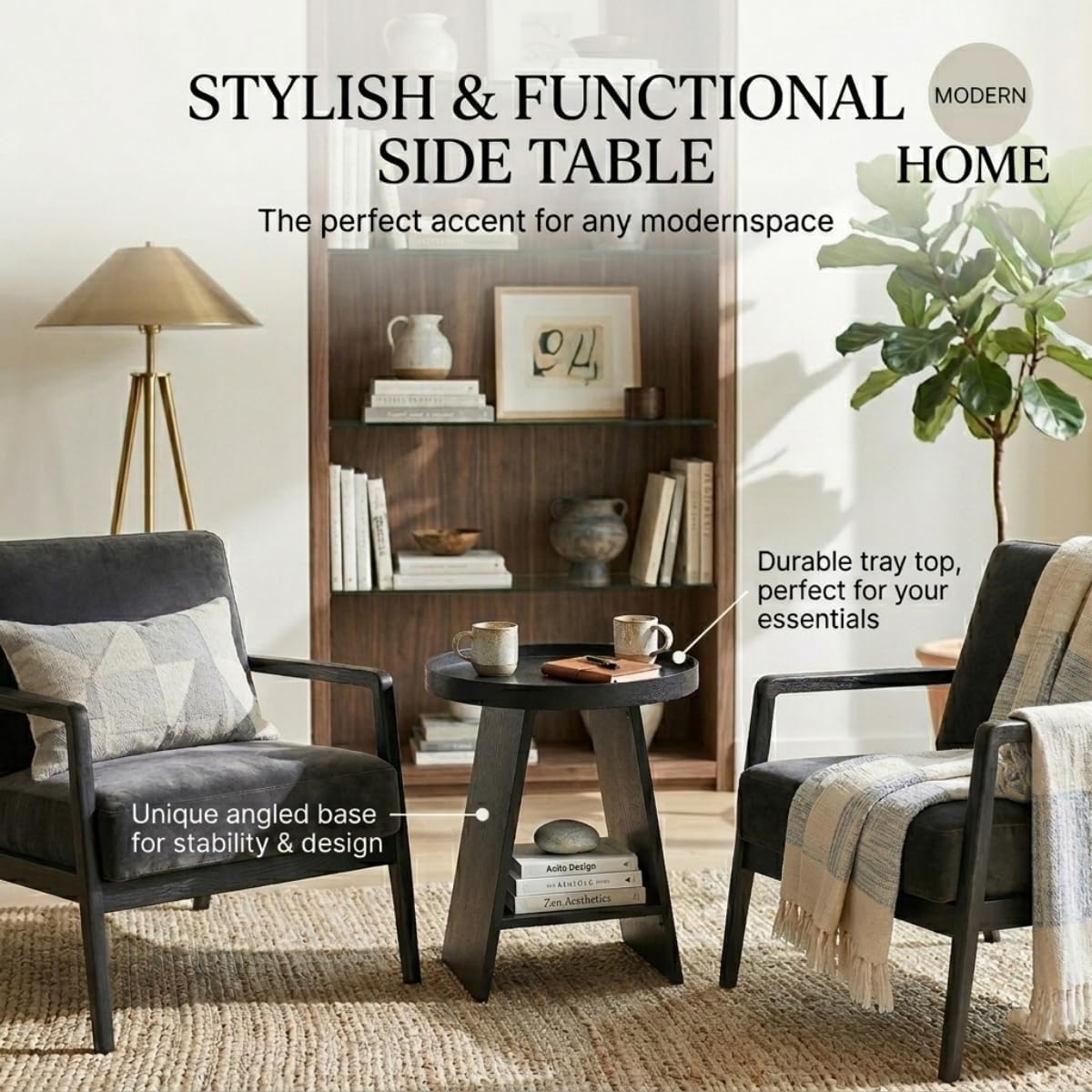 Thumbnail 5 de ZEXVIDA Round End Table with Tray Top: Compact, Sturdy 2-Tier Option for Small Spaces