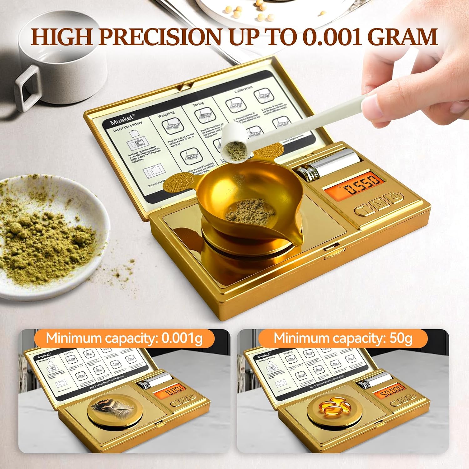 Detalle 2 de Muaket Bilancia di Precisione 50g/0,001g: Portatile, con Pesi e Accessori