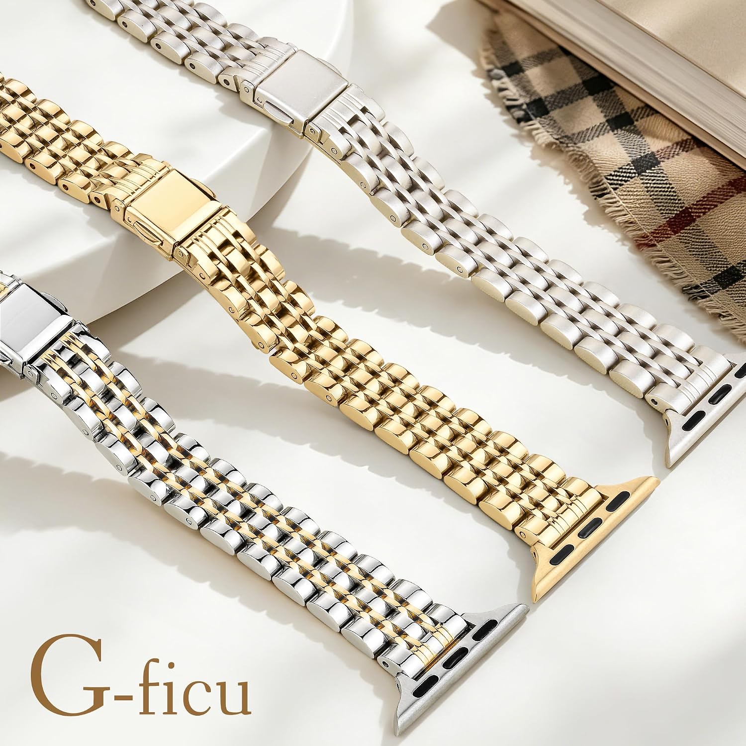 Detalle 2 de G-ficu Slim Metal Strap with Case for Apple Watch (38–45mm) – Luxury Stainless Steel with Full-Edge TPU Case