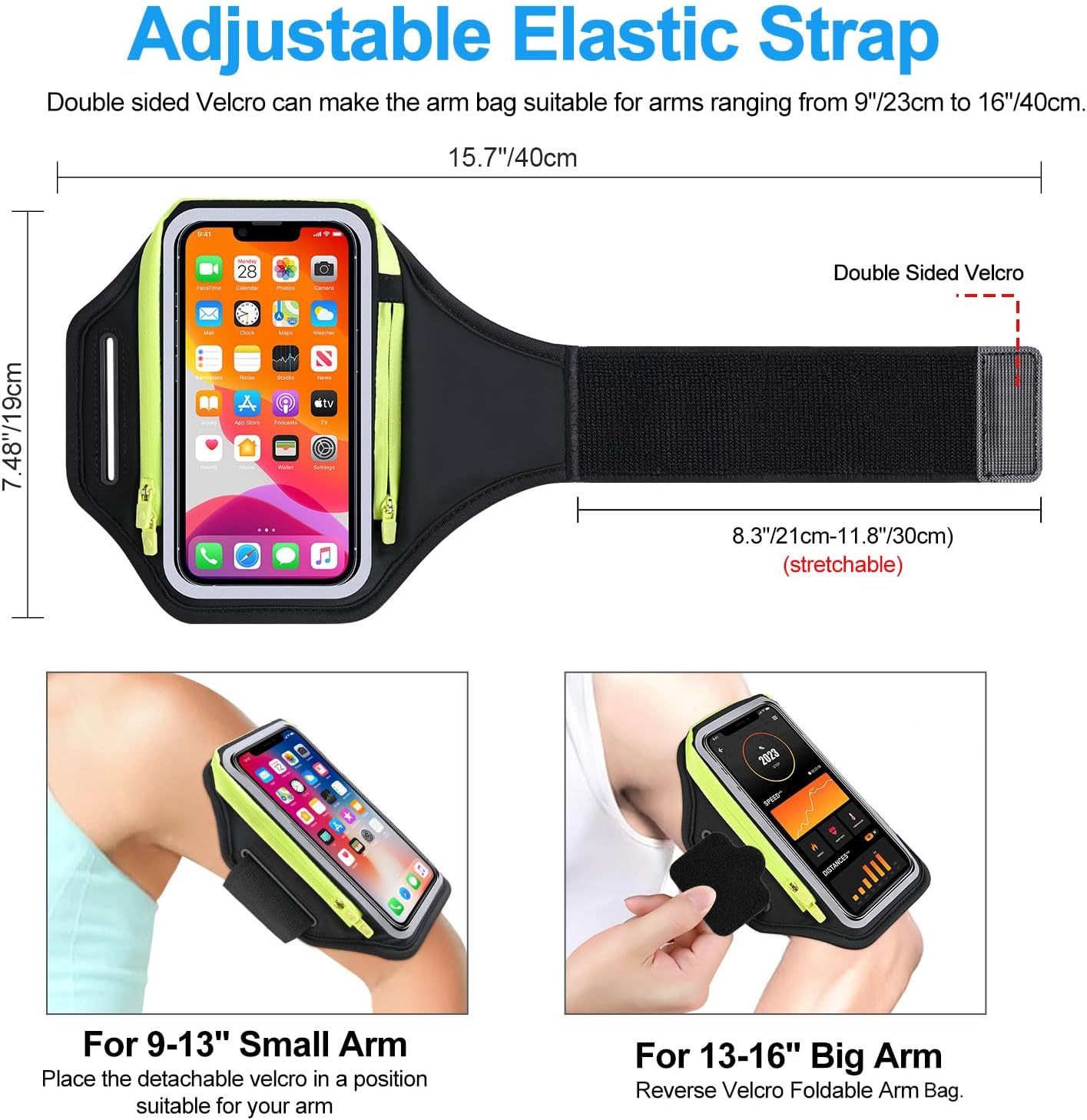Thumbnail 2 de Razobws Running Phone Holder with Foldable Elastic Strap and Zipper Armband Key Bag (Black) – fits up to 6.9" phones