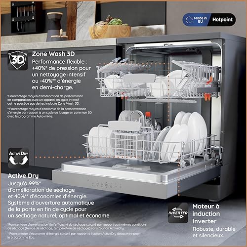Thumbnail 8 de Hotpoint HFC3C33WX – Lave-vaisselle pose-libre 14 couverts, Zone Wash 3D, Active Dry, Inverter, Silent 43 dB, Inox