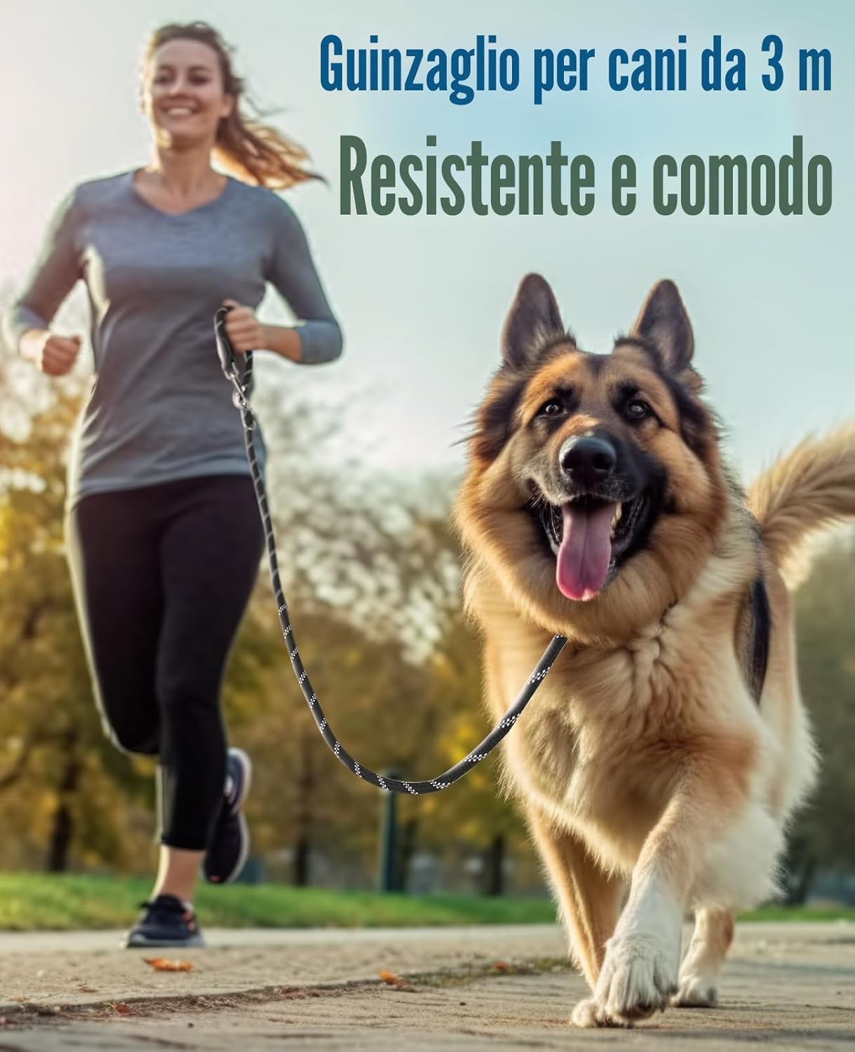Detalle 2 de Oneisall Guinzaglio per cani taglia grande e media (15-60 kg), fino a 3 m, doppio con catarifrangente e moschettoni girevoli a 360°