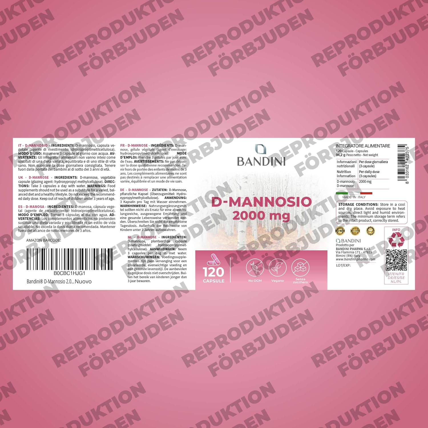 Thumbnail 4 de BANDINI D-mannos, 2 000 mg, veganskt kosttillskott, 120 kapslar