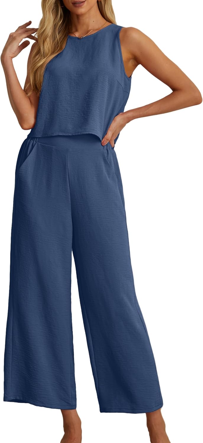 Detalle de IWOLLENCE Co Ord Sets for Women 2 Piece Outfit: Sleeveless Crop Top & Wide-Leg Trousers, Lightweight Crinkle Lounge Set