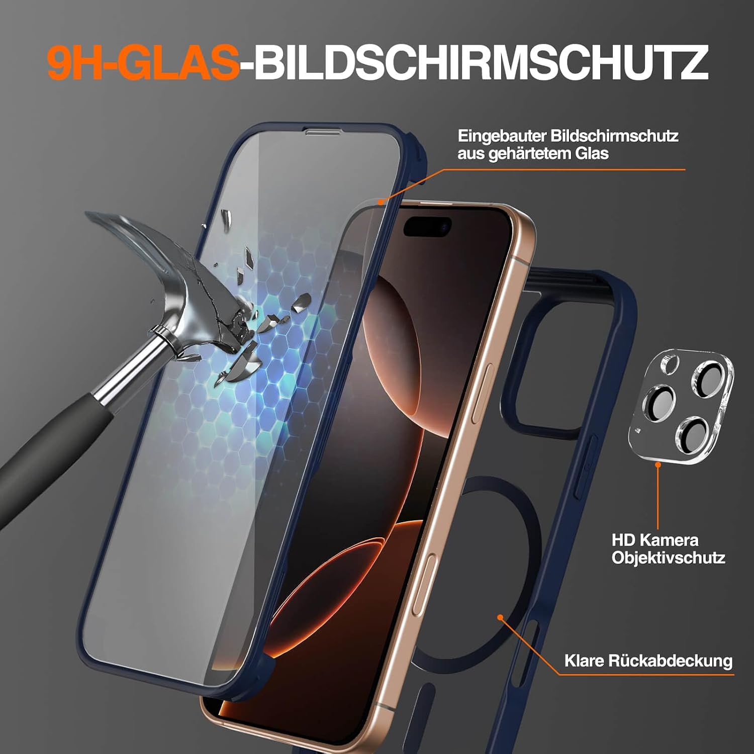 Detalle de Leedia Handyhülle für iPhone 16 Pro Max mit integriertem 9H Display- und Kameraschutz (Magsafe, 360° Full-Protection) in Blau