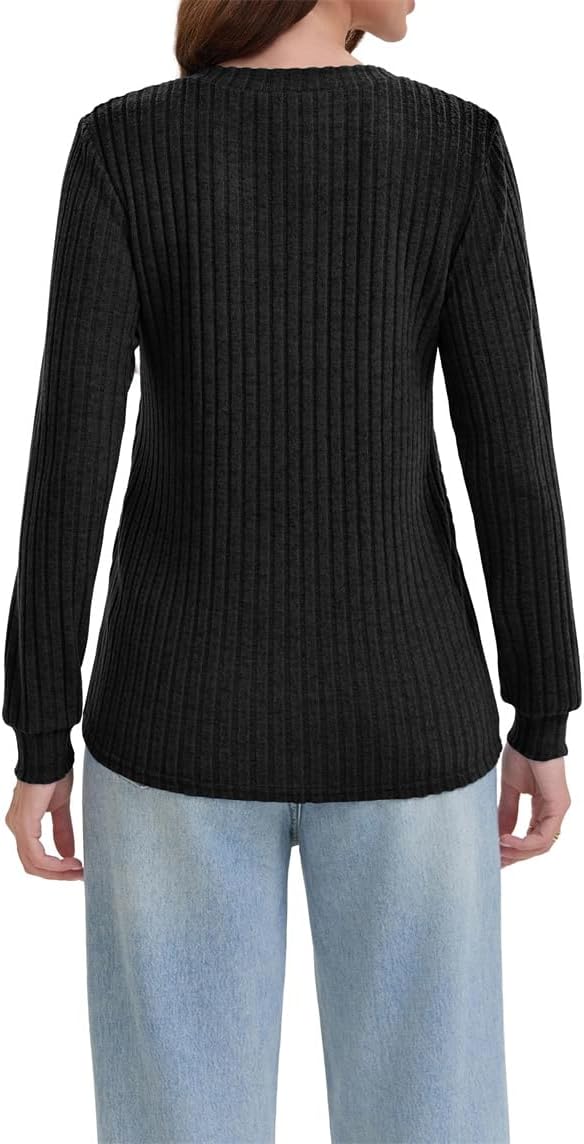Detalle de Haslike geribbelde damest-shirt met lange mouwen en V-hals