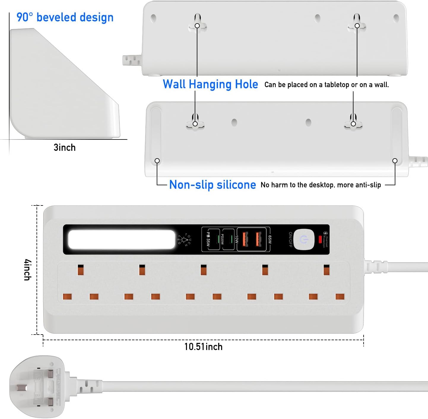 Thumbnail 6 de BOCHLION 9-in-1 Desk Extension Lead with USB Slots (PD 35W + PD 20W) and Night Light, 5-Way Surge Protector, 1.8m