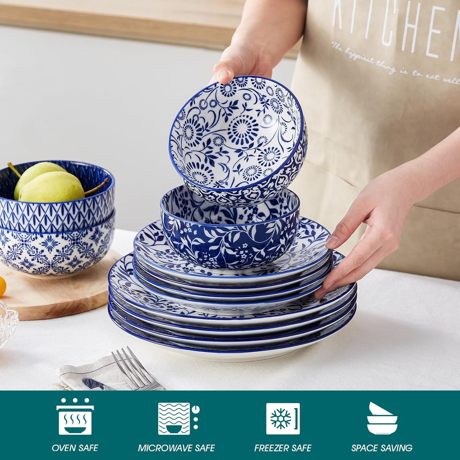 Thumbnail 2 de vancasso SELENE 12-Piece Porcelain Blue Dinnerware Set for 4 (Plates & Bowls)