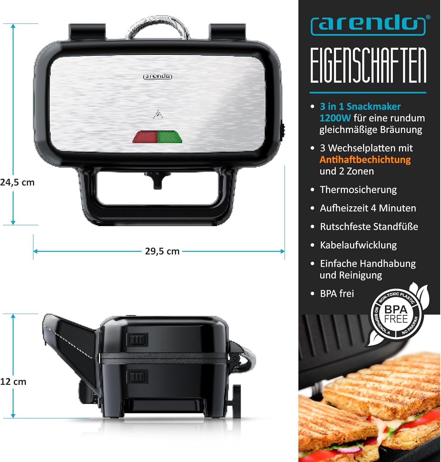 Thumbnail 2 de Arendo 3-in-1 Sandwichmaker 1200 W