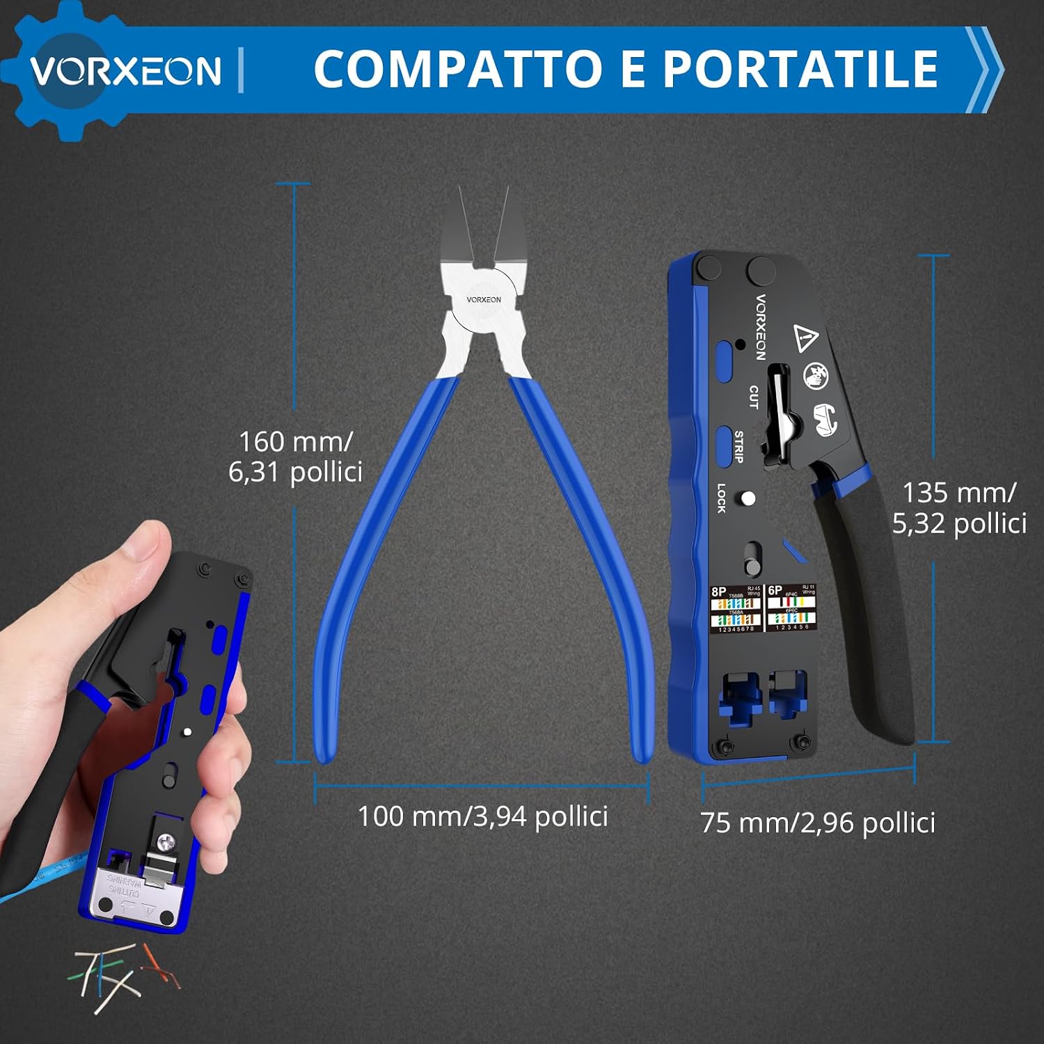 Thumbnail 1 de Pinza Crimpatrice RJ45 VORXEON per Cavi Ethernet Cat6 Cat5e: Kit completo 8P+6P, 50 Connettori RJ45 Cat6 e Accessori