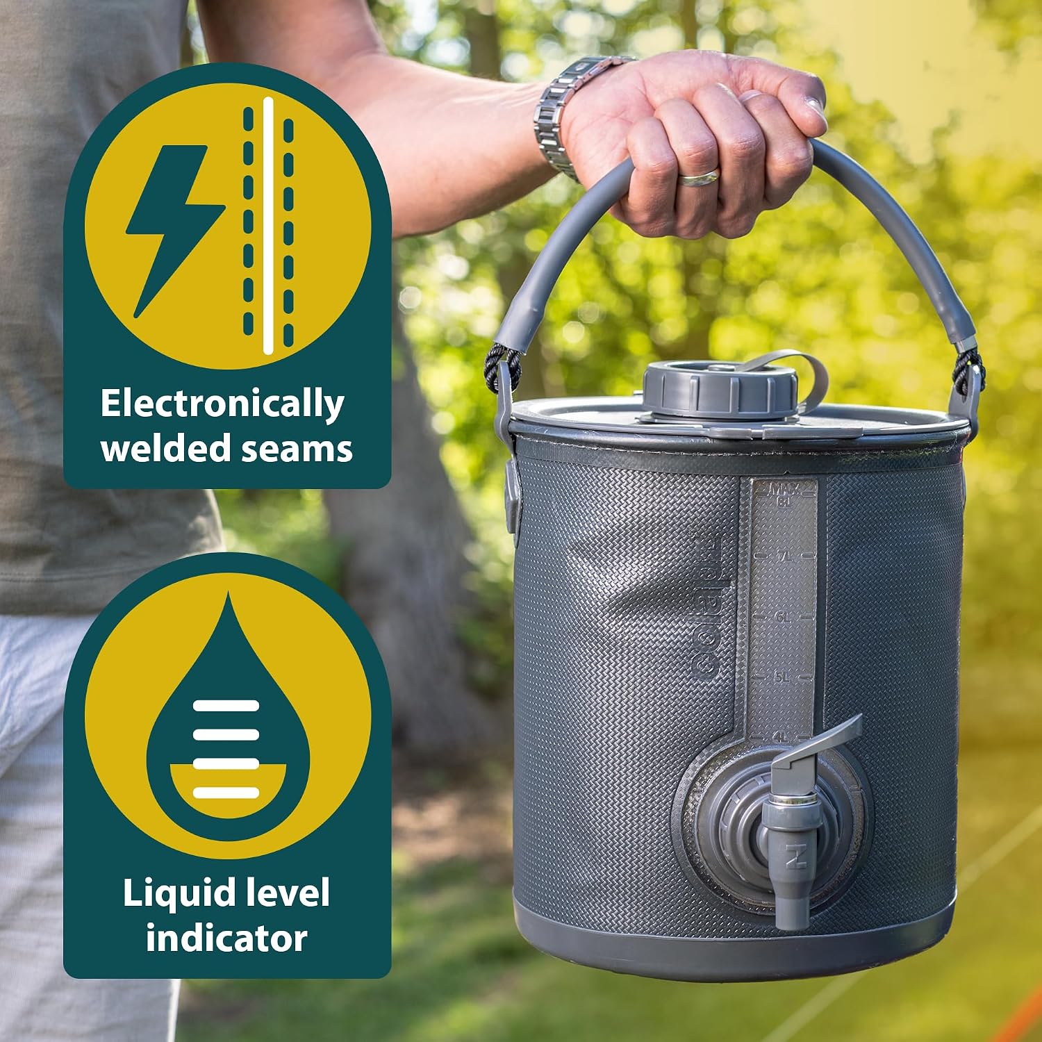 Detalle de Colapz 8L 2-in-1 Collapsible Water Container with Tap & Lid – BPA-Free Camping Carrier & Folding Bucket