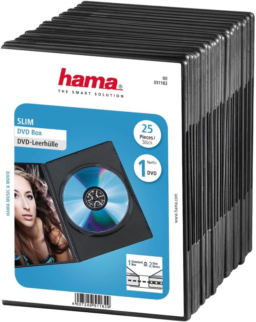 Detalle de Hama Slim DVD/CD Jewel Case Pack of 25 (Black) — super-slim replacement cases