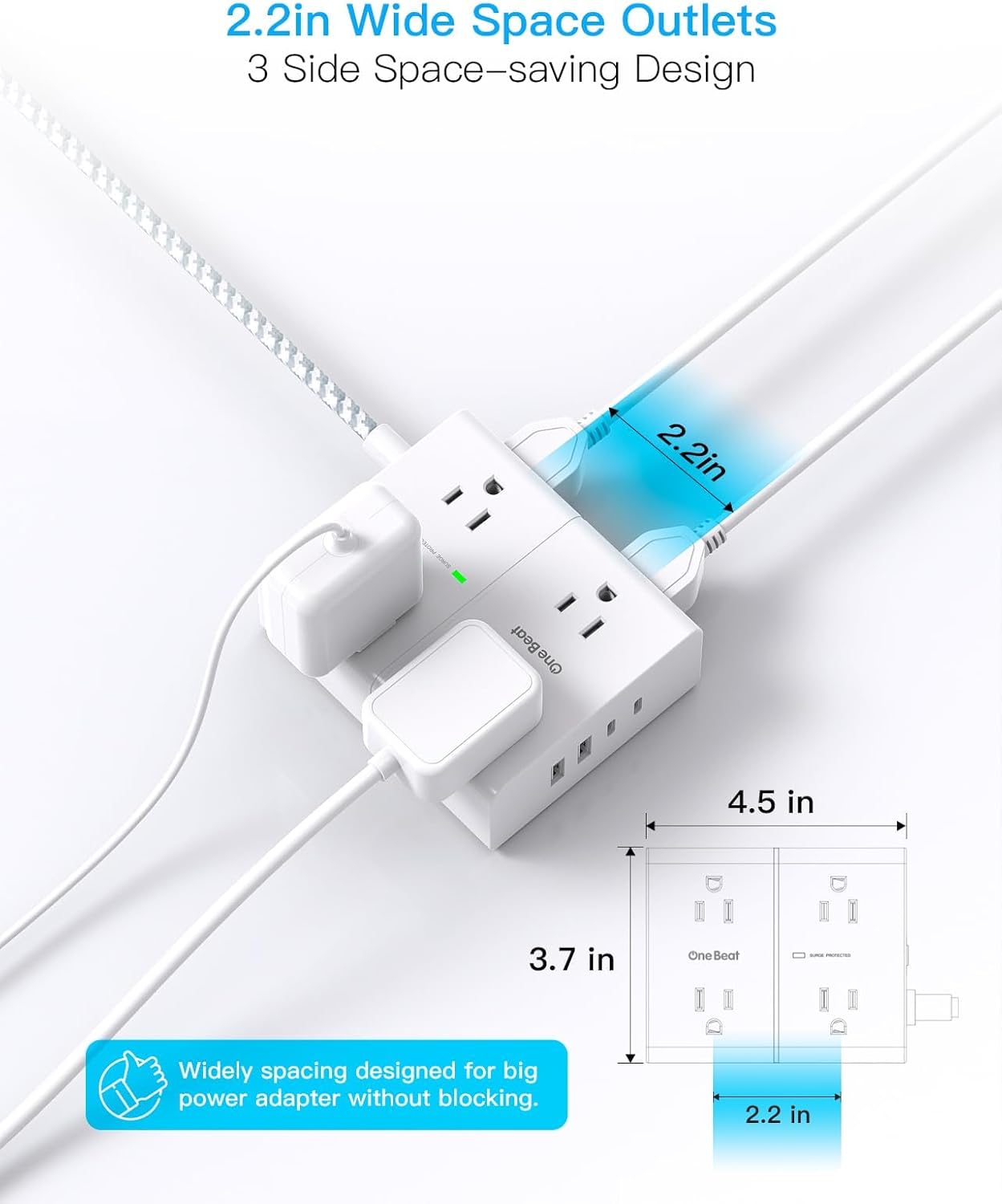 Thumbnail 6 de One Beat OB48AC2MX Power Bar, 15 ft Flat Braided Cord, 8 Outlets and 4 USB Ports