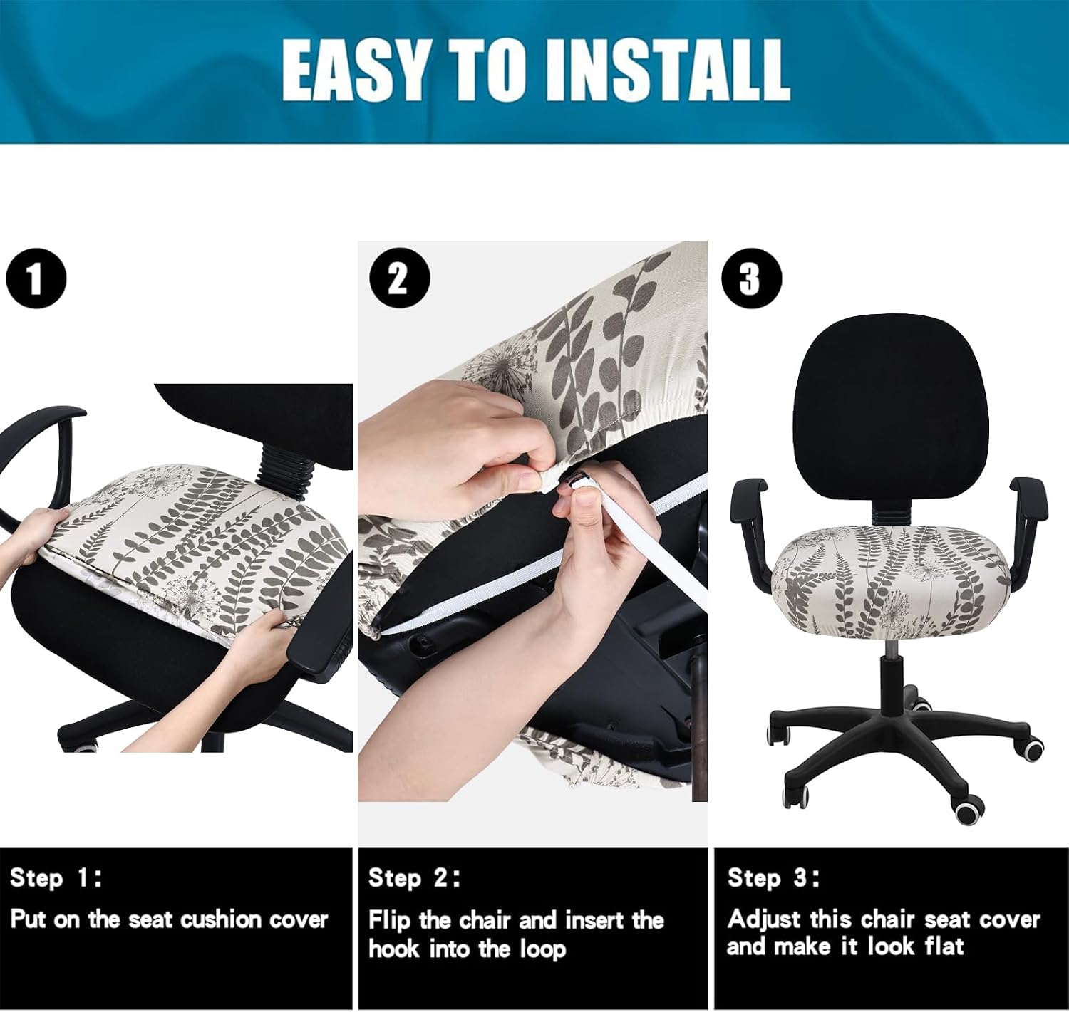 Thumbnail 6 de Smiry Printed Office Chair Seat Cover, Stretch Fit, Sage Gray, Washable