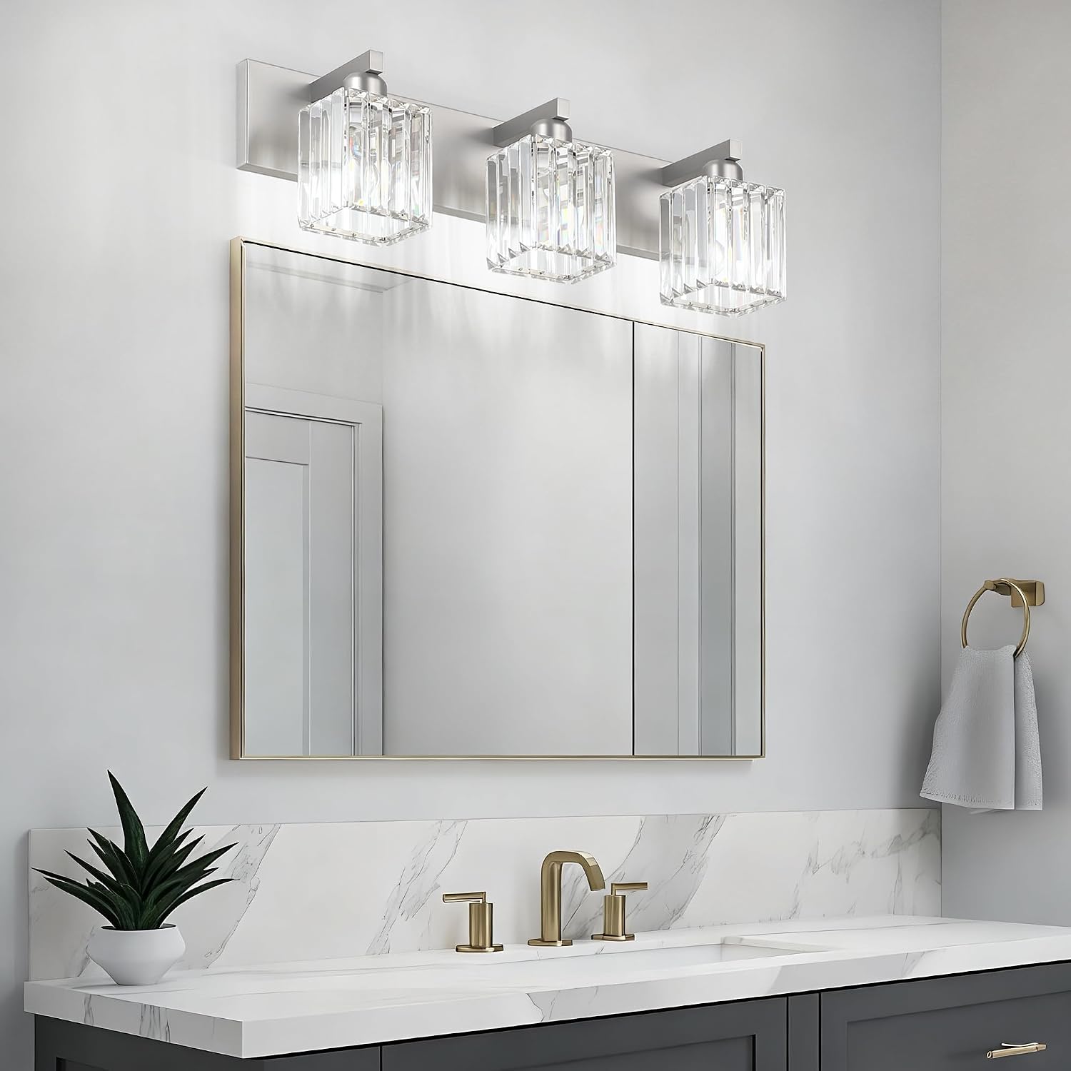 Detalle de Aipsun 8461 Brushed Nickel 3-Light Crystal Bathroom Vanity Light