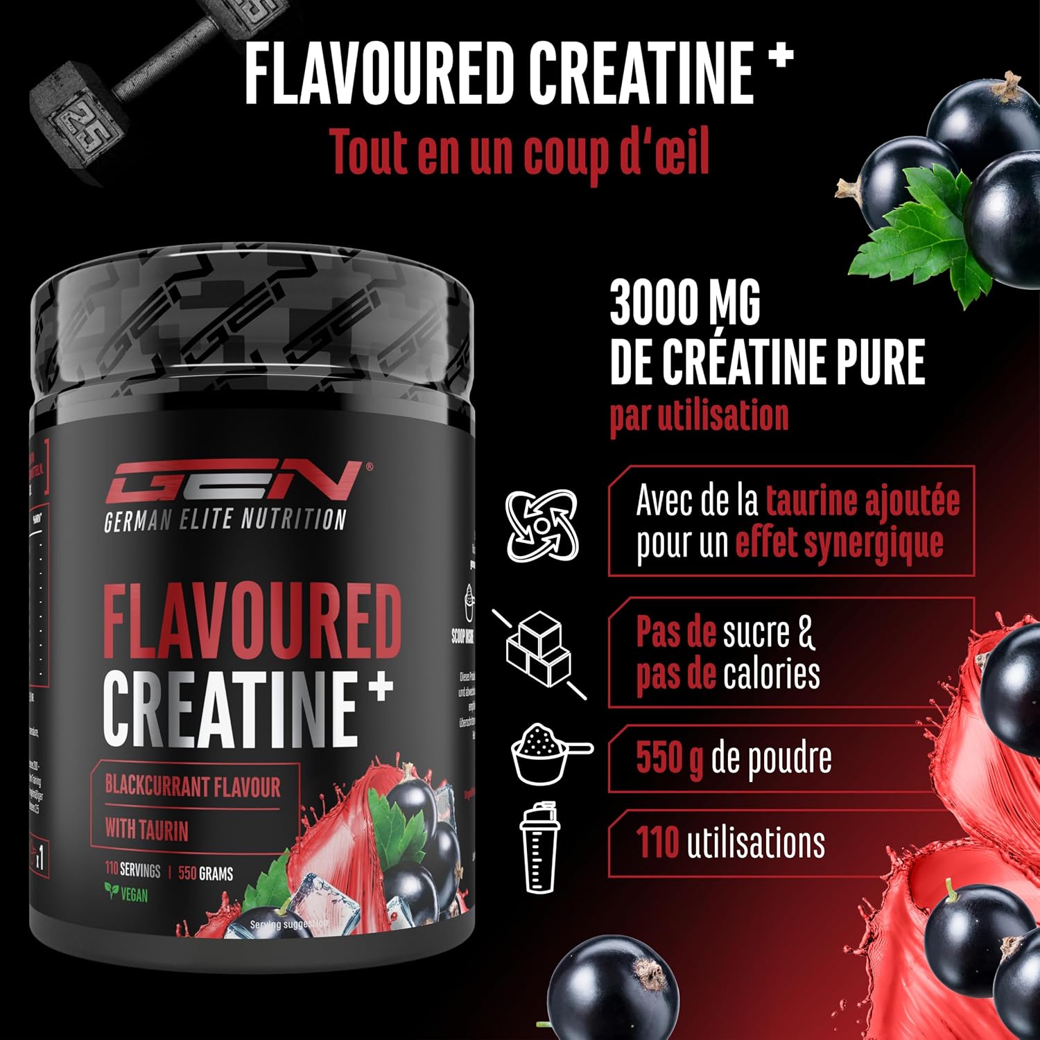 Detalle 2 de Flavoured Creatine poudre – 550 g, Creatine Monohydrate + L-taurine, Saveur Fraise – vegan & sans sucre