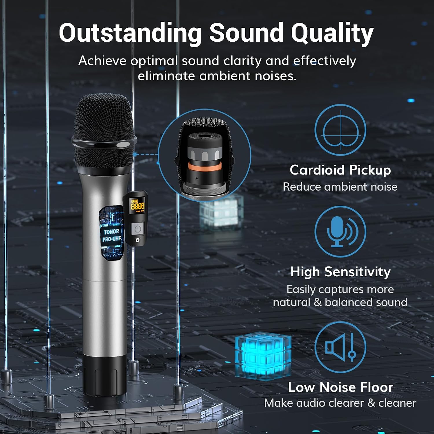 Detalle 1 de TONOR TW-880 8-Mic UHF Wireless System, Metal Handheld Mics, 90 m