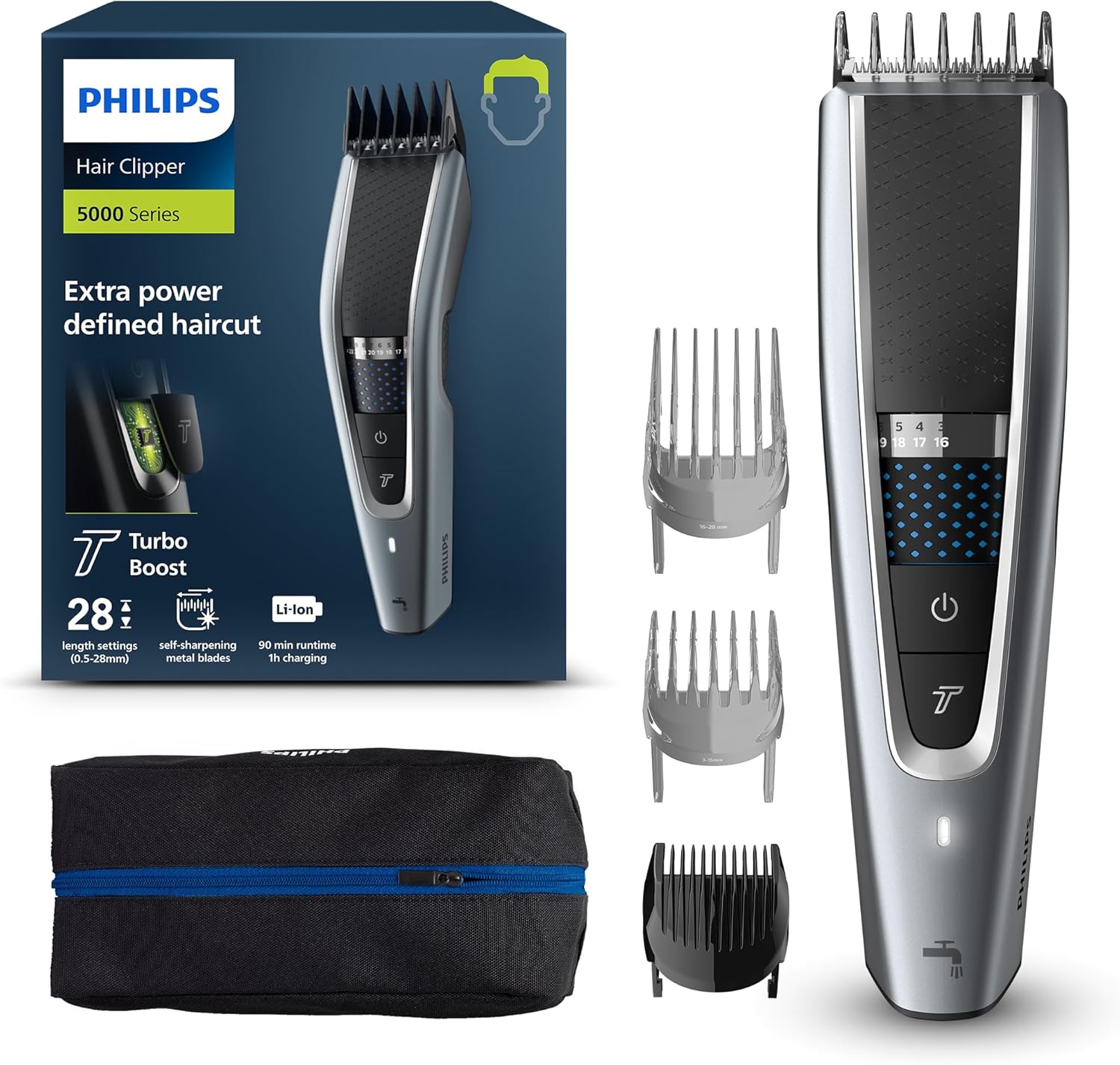 Philips Serie 5000 HC5630/15 - Cortapelos, 28 ajustes de longitud para estilo deseado, 90 min de uso sin cable, incluye 3 peines-guía y funda