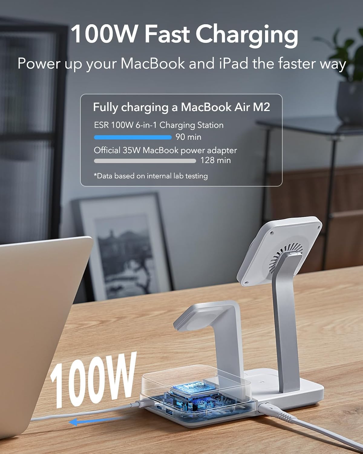Detalle de Stazione di Ricarica GaN 100W ESR con CryoBoost 6-in-1: ricarica magnetica e MagSafe per iPhone, Apple Watch e dispositivi USB-C/A