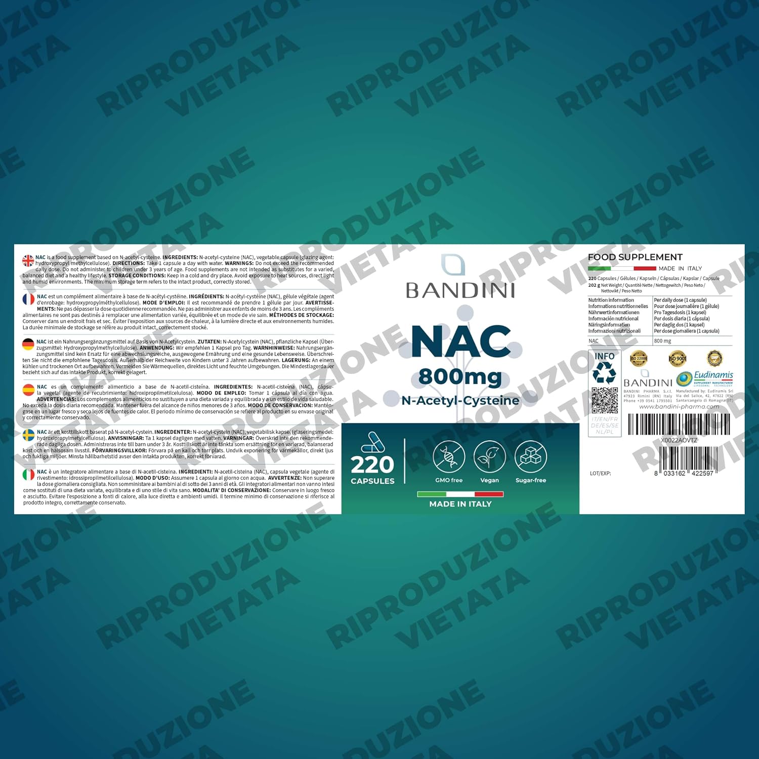 Detalle 1 de BANDINI NAC 800 mg capsules, 220 stuks, vegan