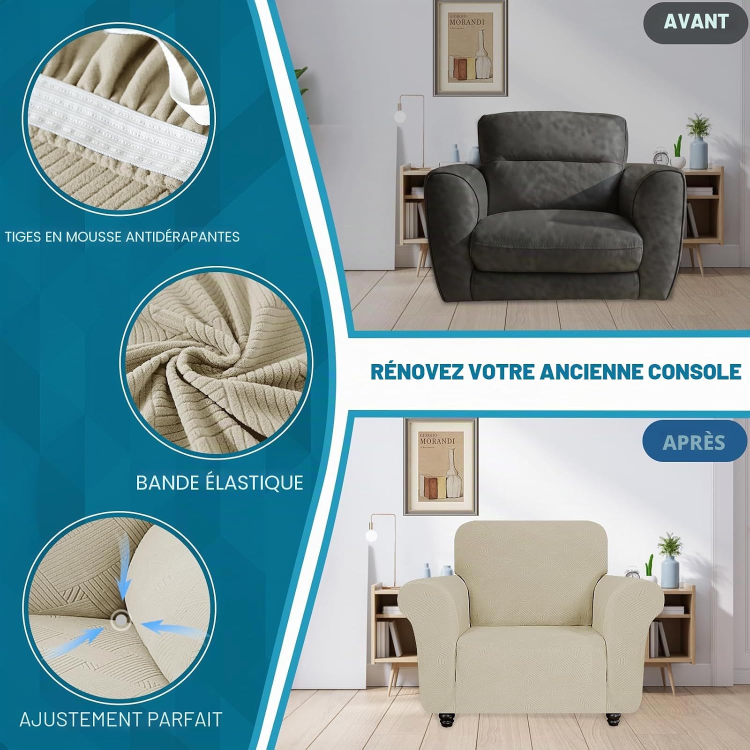 Thumbnail 4 de YSTELLAA Housse de Canapé 4 Places avec Accoudoirs – Extensible, Antidérapante et Universelle – Teck kaki