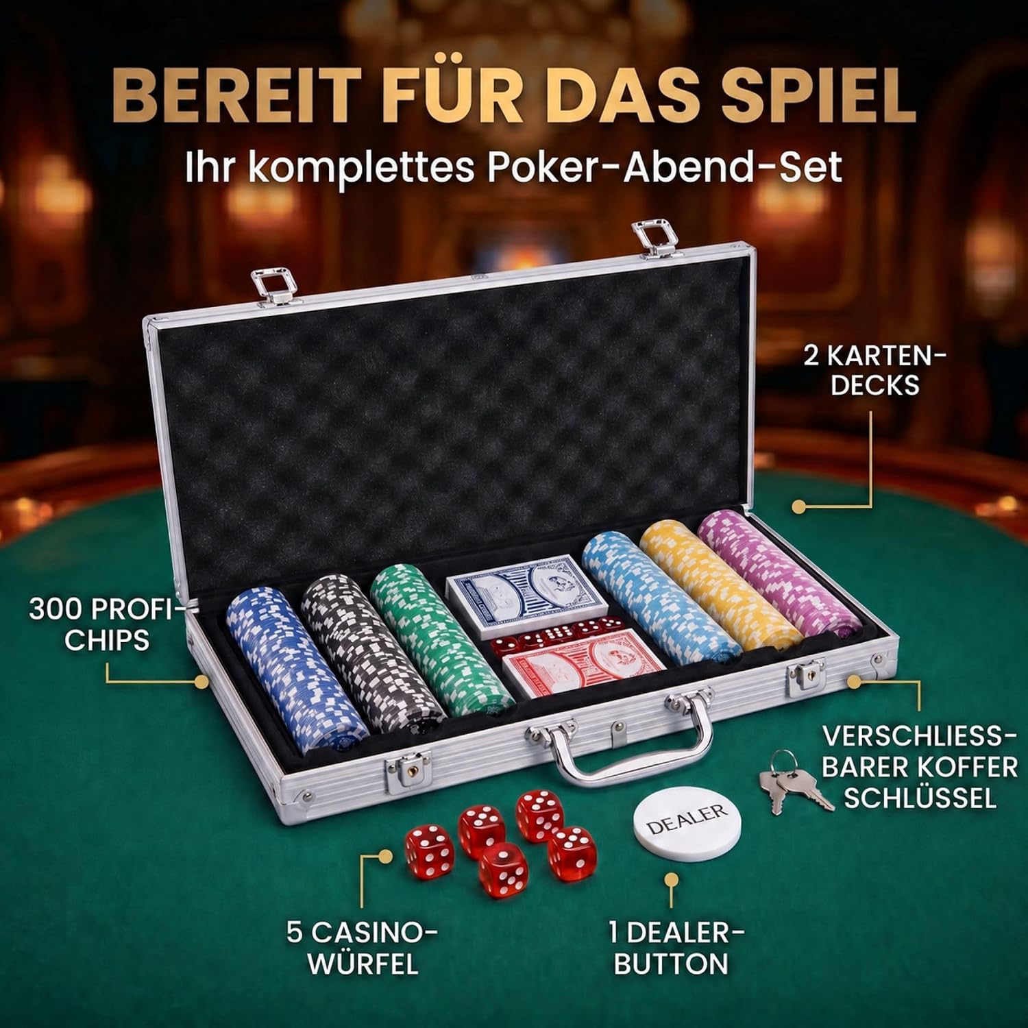 Detalle de Profi Pokerkoffer Pokerset inkl. 300–500 schwere 12 g Metallkern-Chips, inkl. Deck, Karten, Würfel, Dealer-Button – abschließbarer Alu-Koffer