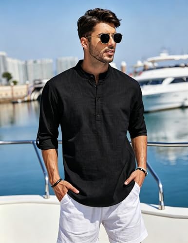 Detalle de Cegerne Camicia Lino Uomo Maniche Lunghe Estiva Traspirante Henley Casual Nero XL