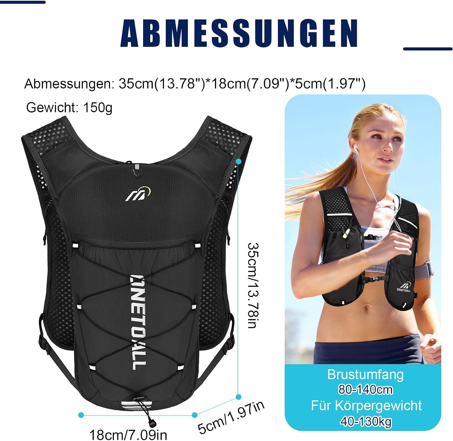 Thumbnail 6 de ONETOALL Laufweste Damen mit 500-ml-Trinkflasche & 2-L-Trinkblase – reflektierende Laufrucksack-Weste (ca. 150 g) für 6 l