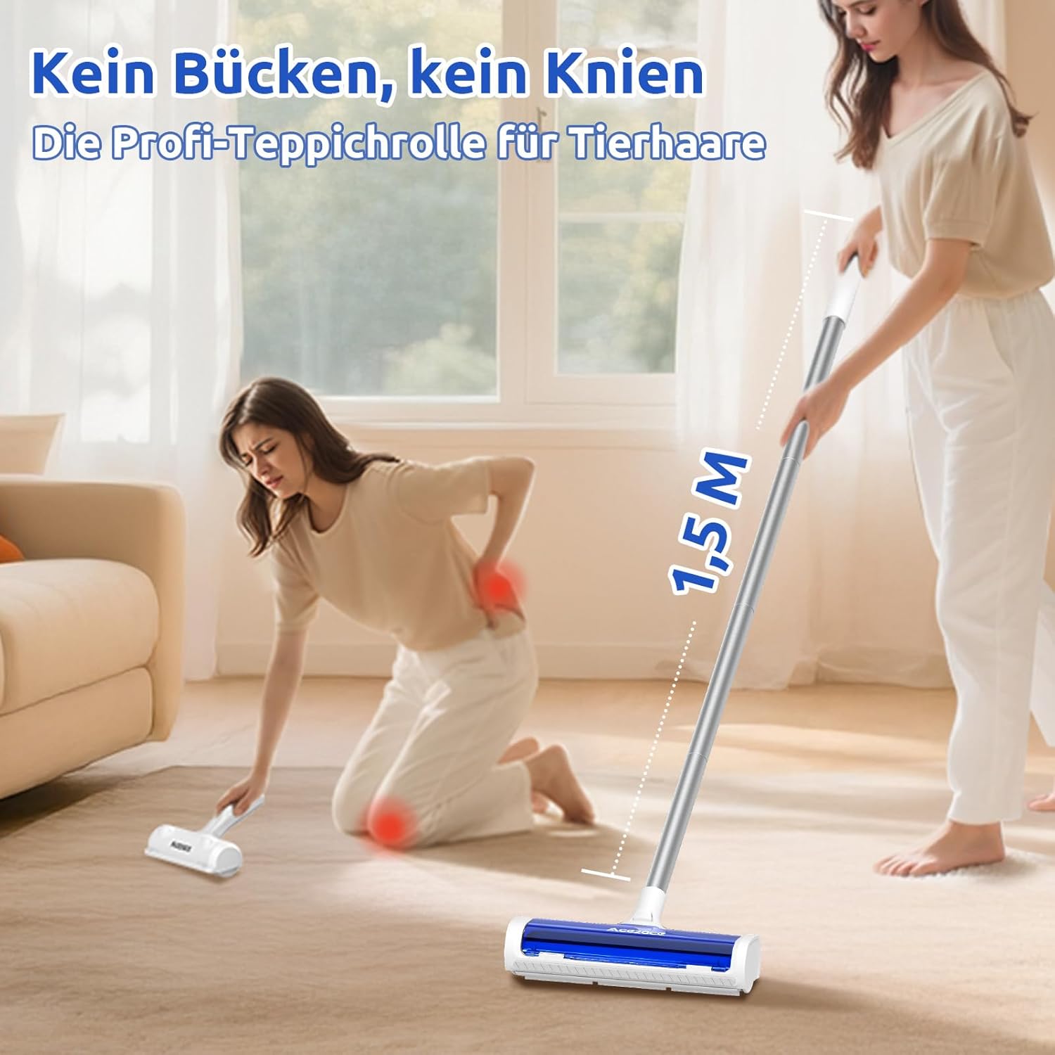 Thumbnail 2 de ACE2ACE Teppichrolle für Tierhaare mit 1,5-m-Griff – keine Bücken, kein Knien, blau