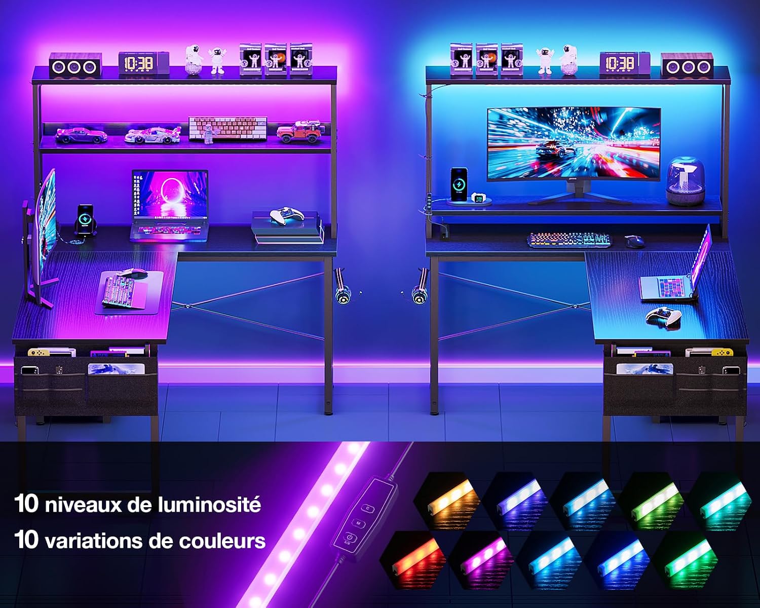 Thumbnail 5 de Coleshome Bureau Gaming Angle 135Ă—100 cm avec LED et prises đź–Ą