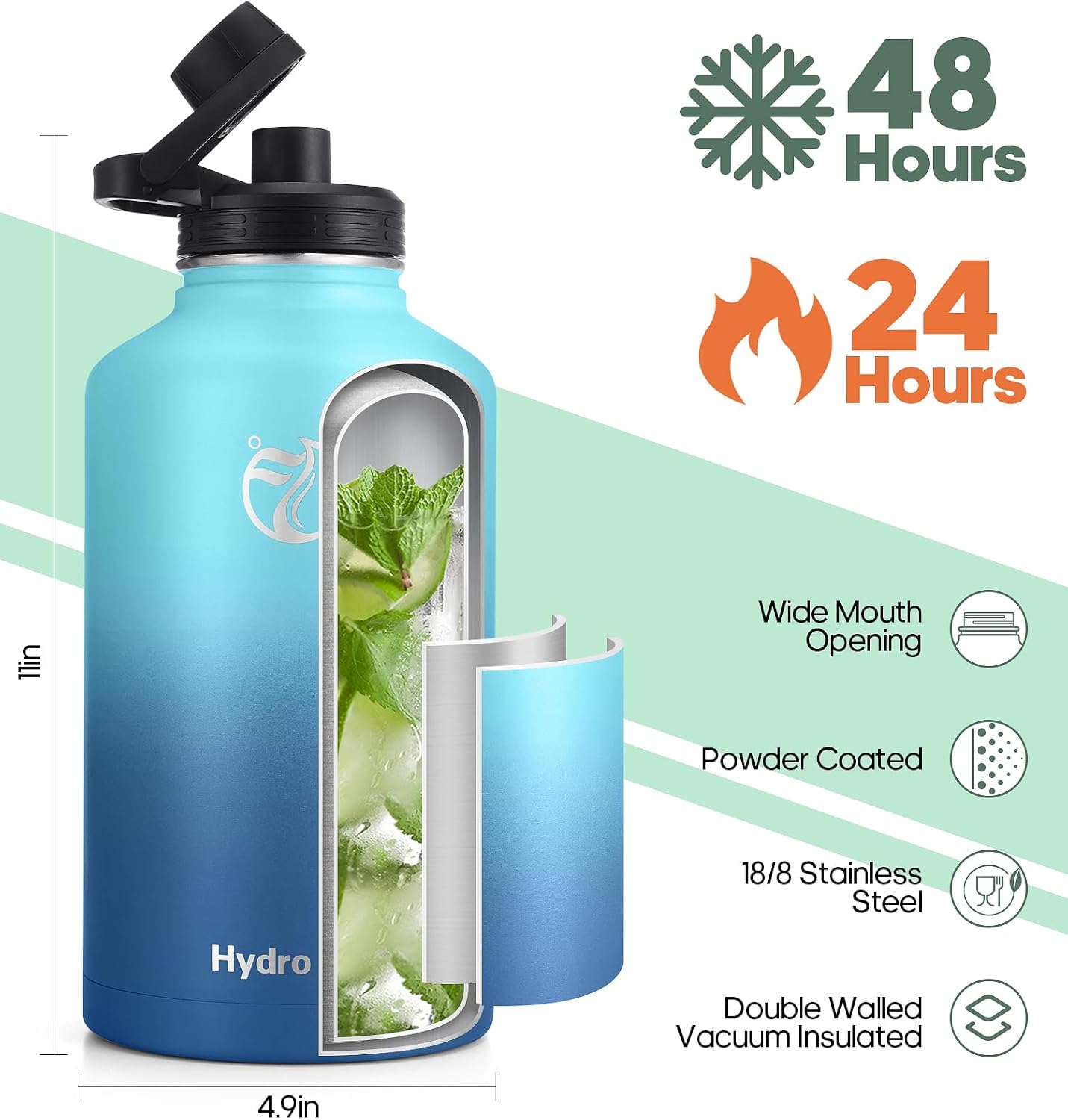 Thumbnail 2 de HydroPal vacuum insulated stainless steel water bottle (1.9L/1.2L/1L/750ml/500ml) with straw & spout lids
