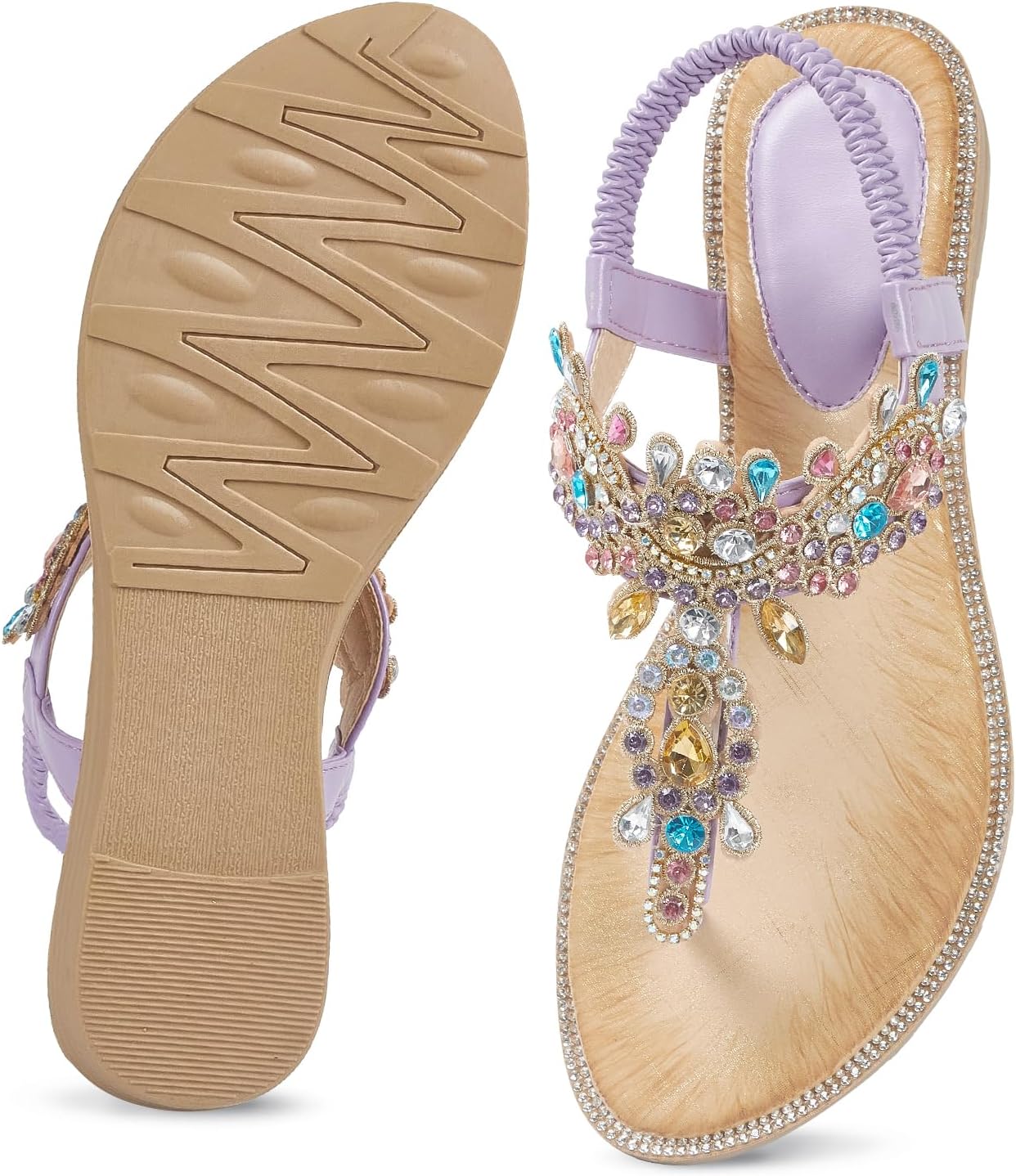 Thumbnail 4 de iCKER Women's Boho Beaded Flat Sandals – Leather PU Upper, Rhinestone Straps & Elastic Ankle Strap