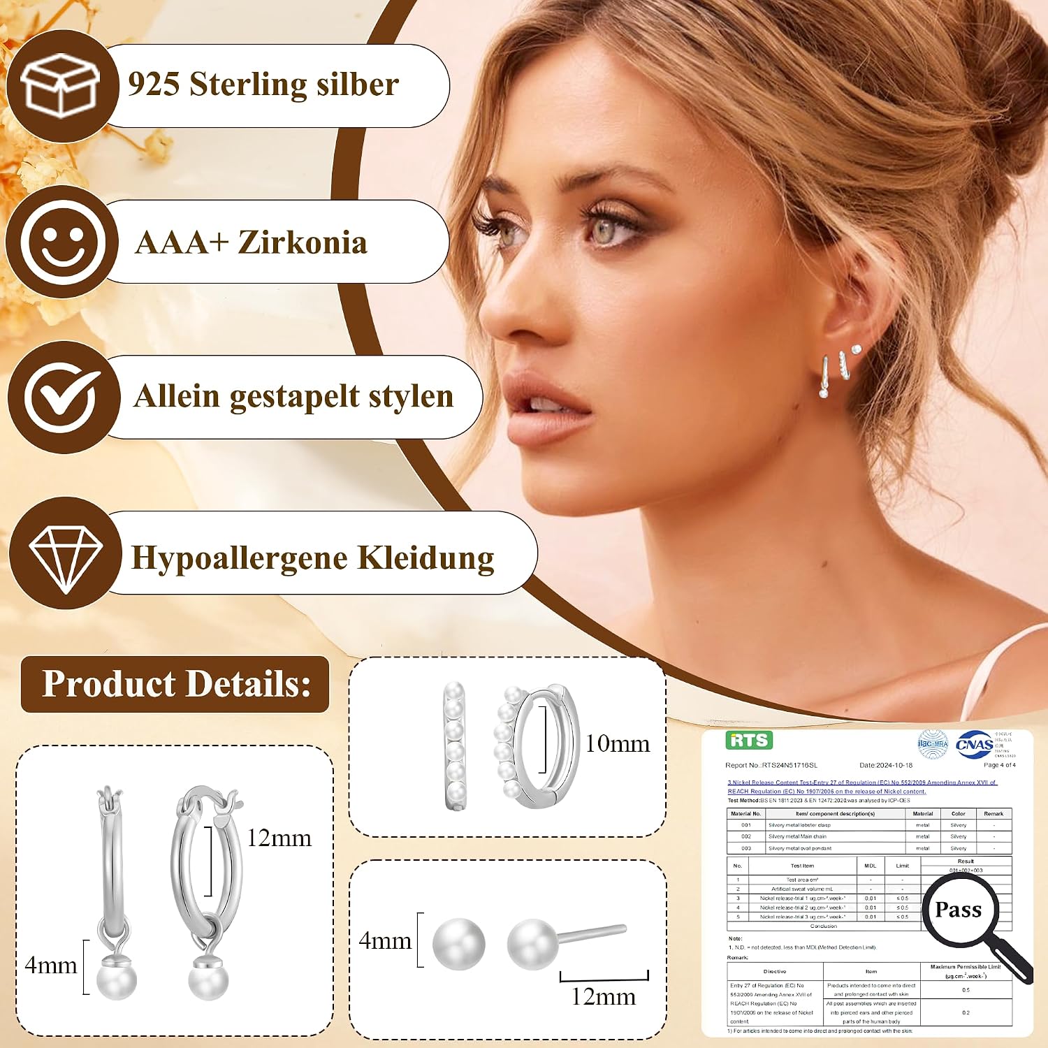 Detalle de AVOTTO 3 Paar Ohrringe Ohrstecker aus Silber 925 mit Zirkonia – hypoallergenes Set für mehrere Piercings