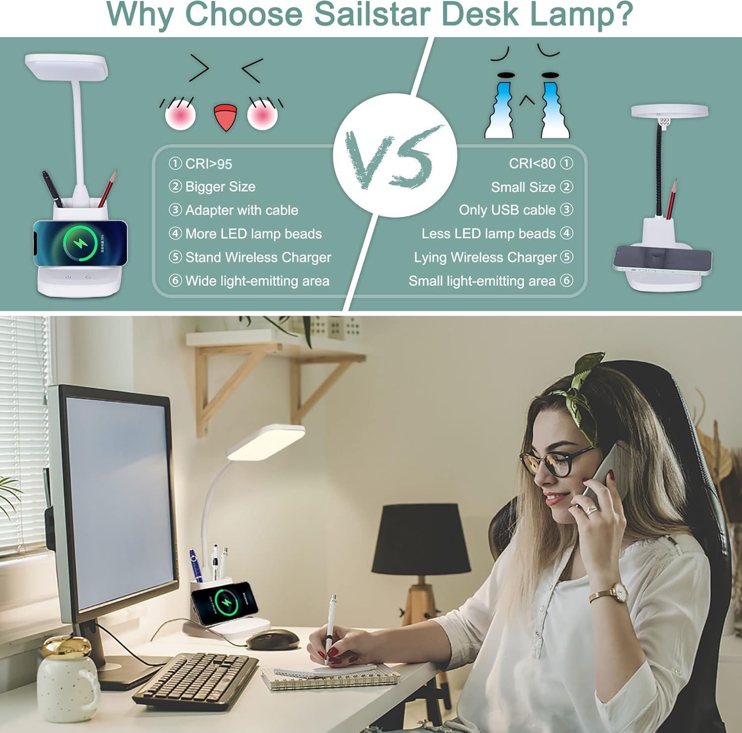 Thumbnail 2 de Sailstar 10W Wireless Charging LED Desk Lamp, White, 3 Light Modes