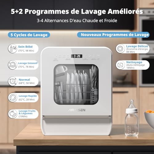 Detalle de AIRMSEN Mini Lave-vaisselle de table 37 cm — 4 couverts, 7+2 programmes, réservoir 5 L, diffusion 360°