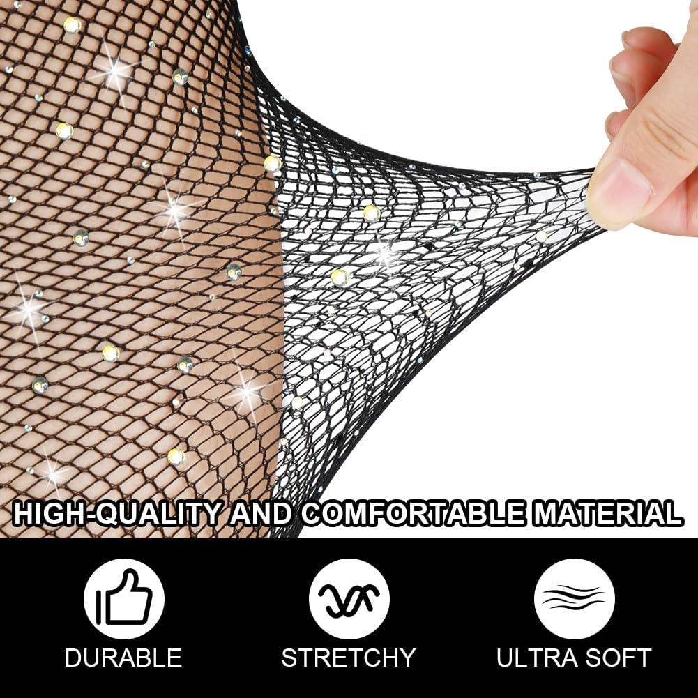 Detalle 1 de Aomig damesvisnetpanty met gekleurde strass, hoge taille, acryl, 2-pack